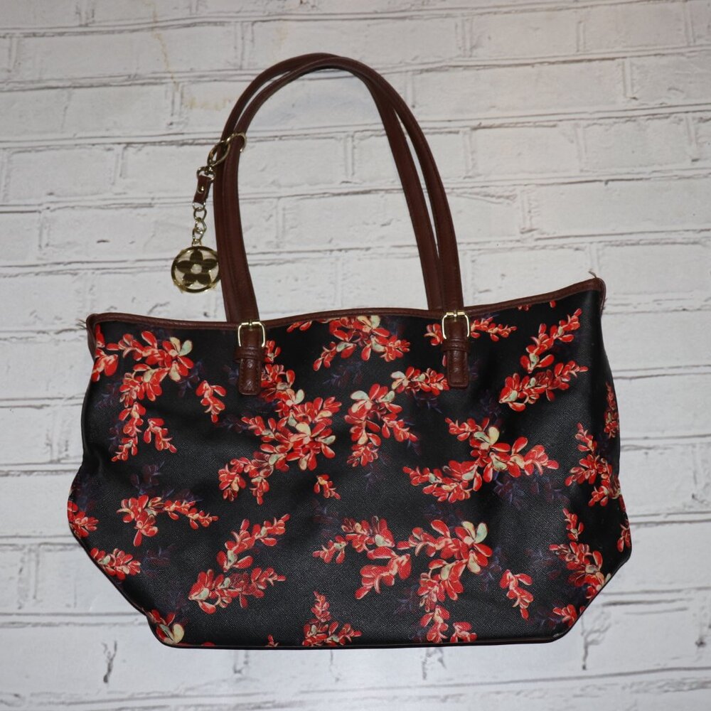 Bueno Black Floral Shoulder Bag with Red Accents
